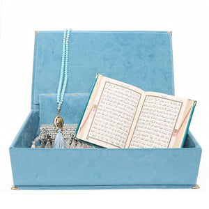 Blue Islamic Gift Box, Special Gift for Father, Velvet Quran, Prayer Mat and Crystal Tasbih Set, Gift for Dad MVD38