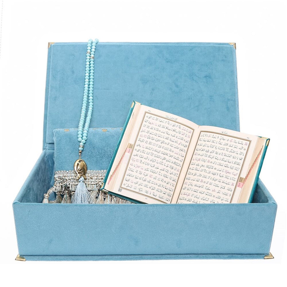 Blue Islamic Gift Box, Special Gift for Father, Velvet Quran, Prayer Mat and Crystal Tasbih Set, Gift for Dad MVD38
