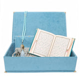 Blue Islamic Gift Box, Special Gift for Father, Velvet Quran, Prayer Mat and Crystal Tasbih Set, Gift for Dad MVD38