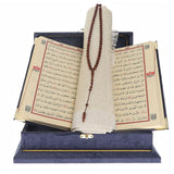 Dark Blue Islamic Gift Box, Special Gift for Father, Velvet Quran, Prayer Mat and Coca Tasbih Set, Gift for Dad APVR - islamicbazaar