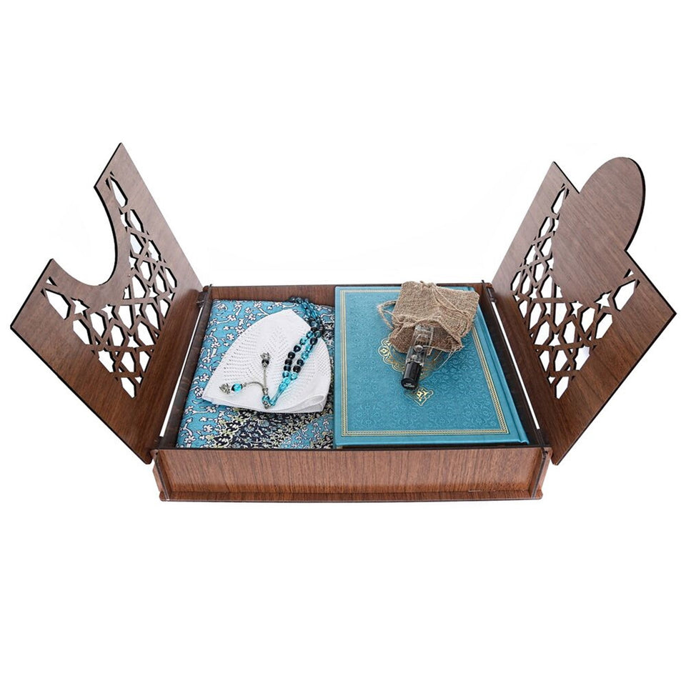 Lux Wooden Islamic Gift Box, Special Gift for Father, Thermo Leather Quran, Prayer Mat, Tasbih Set, Unique Gift MVD45
