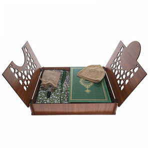 Lux Wooden Islamic Gift Box, Special Gift for Husband, Green Leather Quran, Prayer Mat, 33 Bead Tasbih, Kufi Cap Eid Mubarak MVD57