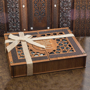 Lux Wooden Islamic Gift Box, Special Gift for Husband, Green Leather Quran, Prayer Mat, 33 Bead Tasbih, Kufi Cap Eid Mubarak MVD57
