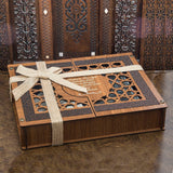 Lux Wooden Islamic Gift Box, Special Gift for Husband, Green Leather Quran, Prayer Mat, 33 Bead Tasbih, Kufi Cap Eid Mubarak MVD57