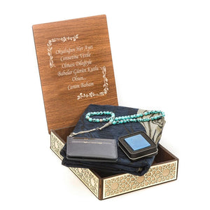 Lux Wooden Islamic Gift Box, Special Gift for Husband, Prayer Mat, 33 Bead Tasbih, Leather Wallet, Eid Mubarak MVD61