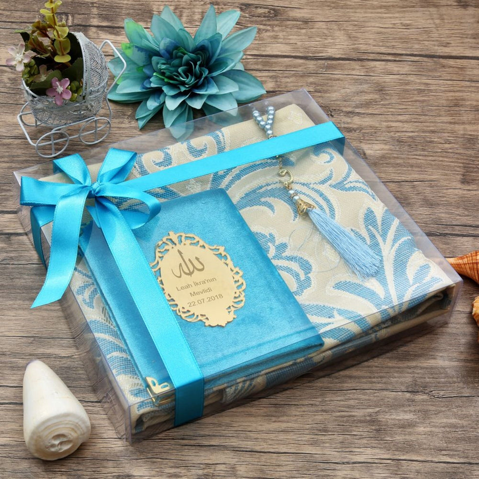 Blue Yaseen Gift Set, Ramadan, Arabic Quran Book, Prayer Mat and Prayer Beads Set, Quran Favors, Hajj Favors, Eid Gifts MVD65