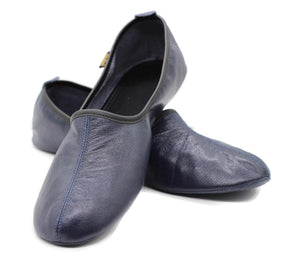 دمپایی چرم اصل آبی تیره سایز مردانه | دمپایی مجلسی یونیسکس | جوراب چرمی دست ساز | کفش های چرمی خانگی