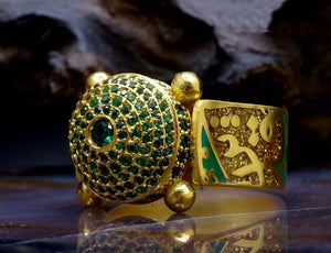 Top Side Stoned Dome Side Arms Divine Themed Gold Plated Silver Ring, islamic rings, muslim rings