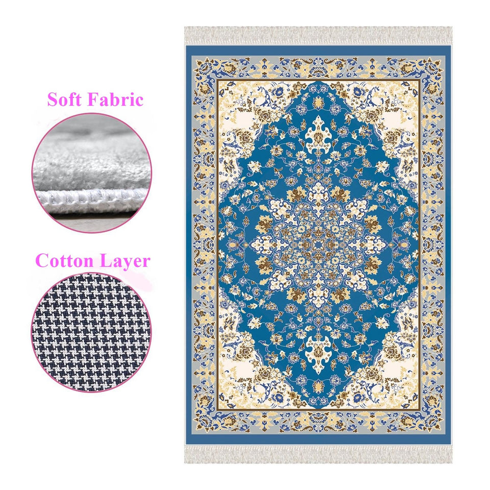 Traditional Blue Soft Padded Prayer Rug | Cotton Layer Janamaz | Anti Slip Backing Bamboo Cotton Prayer Mat | Islamic Gifts