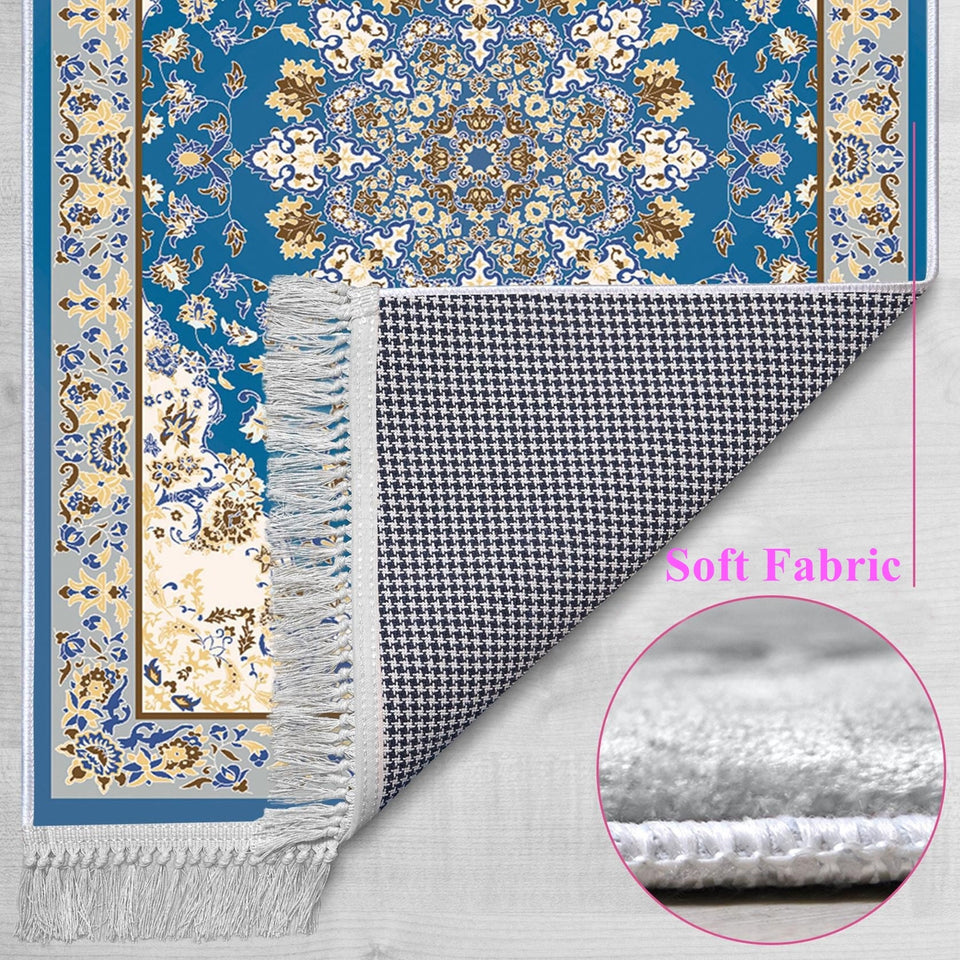 Traditional Blue Soft Padded Prayer Rug | Cotton Layer Janamaz | Anti Slip Backing Bamboo Cotton Prayer Mat | Islamic Gifts