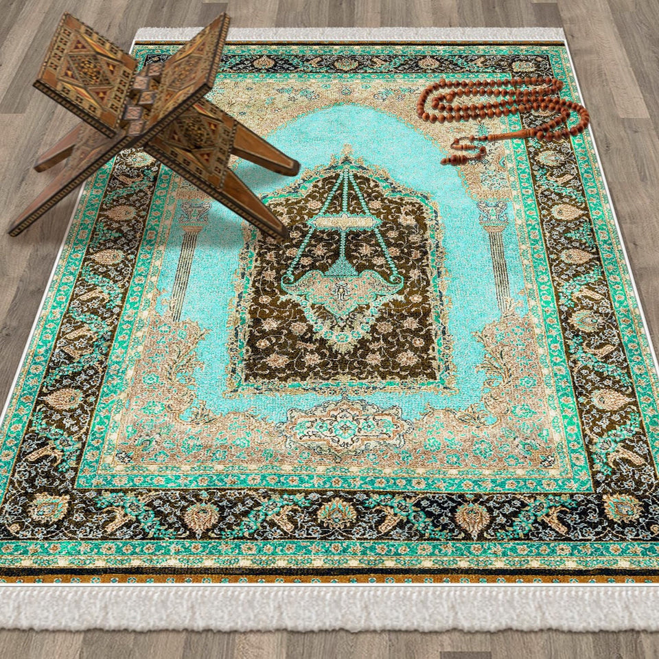 Turquoise Carpet Soft Padded Prayer Rug | Cotton Layer Janamaz | Anti Slip Backing Bamboo Cotton Prayer Mat | Islamic Gifts
