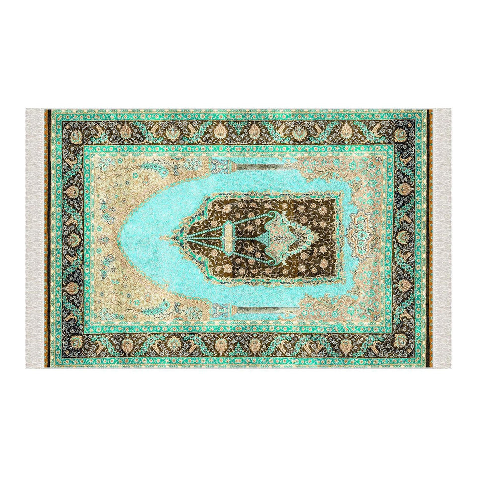 Turquoise Carpet Soft Padded Prayer Rug | Cotton Layer Janamaz | Anti Slip Backing Bamboo Cotton Prayer Mat | Islamic Gifts