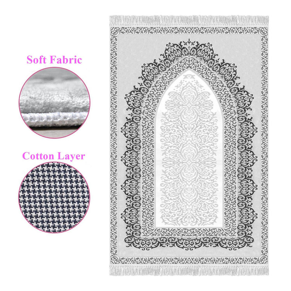 Decorated Gray Soft Padded Prayer Rug | Cotton Layer Janamaz | Anti Slip Backing Bamboo Cotton Prayer Mat | Islamic Gifts