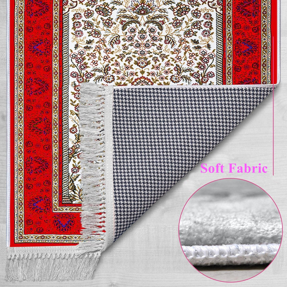 Red Mosaic Carpet Soft Padded Prayer Rug | Cotton Layer Janamaz | Anti Slip Backing Bamboo Cotton Prayer Mat | Islamic Gifts