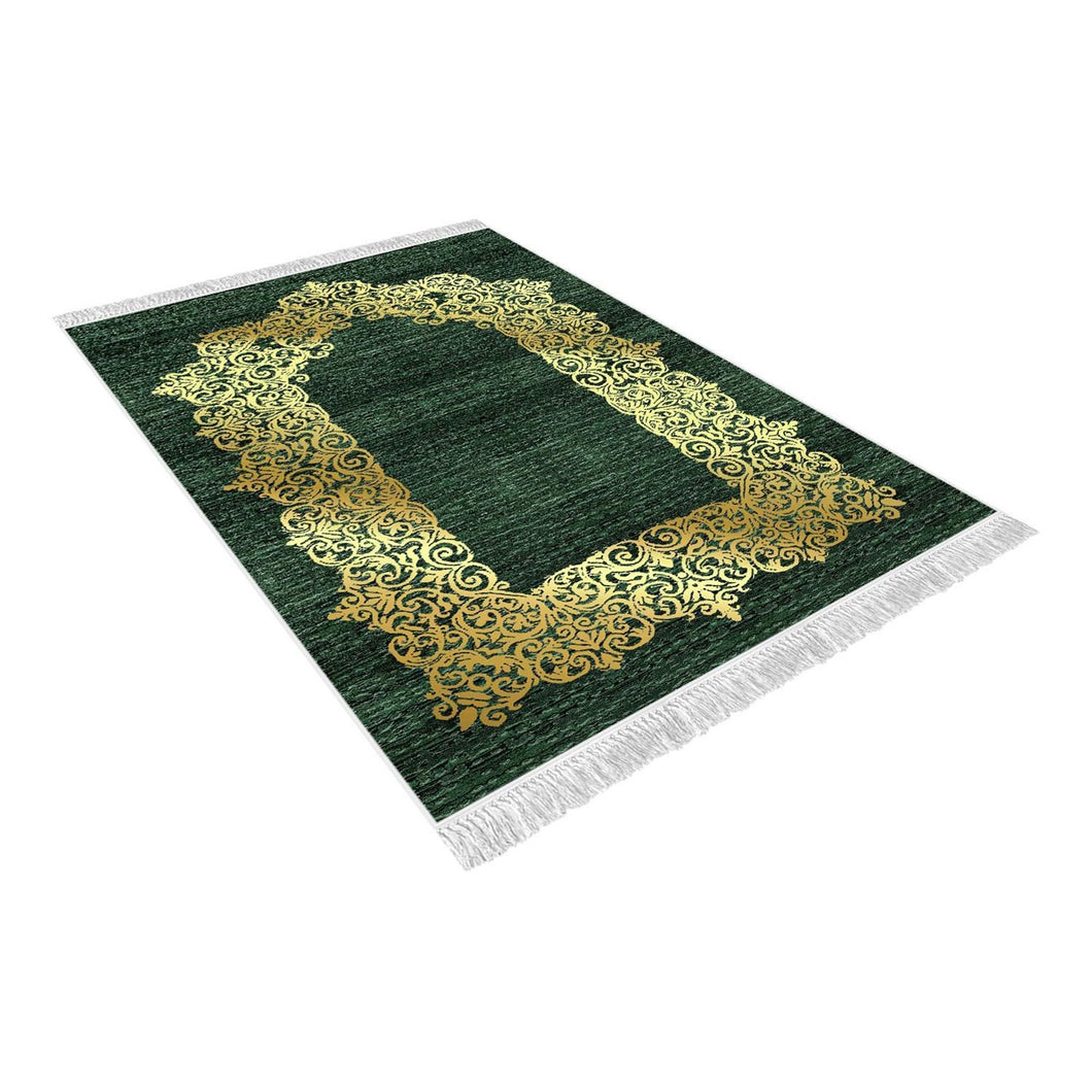 Gold Gilded Green Soft Padded Prayer Rug | Cotton Layer Janamaz | Anti Slip Backing Bamboo Cotton Prayer Mat | Islamic Gifts