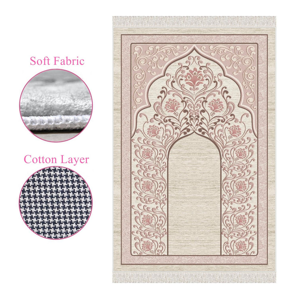 Pale Pink Mihrab Soft Padded Prayer Rug | Cotton Layer Janamaz | Anti Slip Backing Bamboo Cotton Prayer Mat | Islamic Gifts