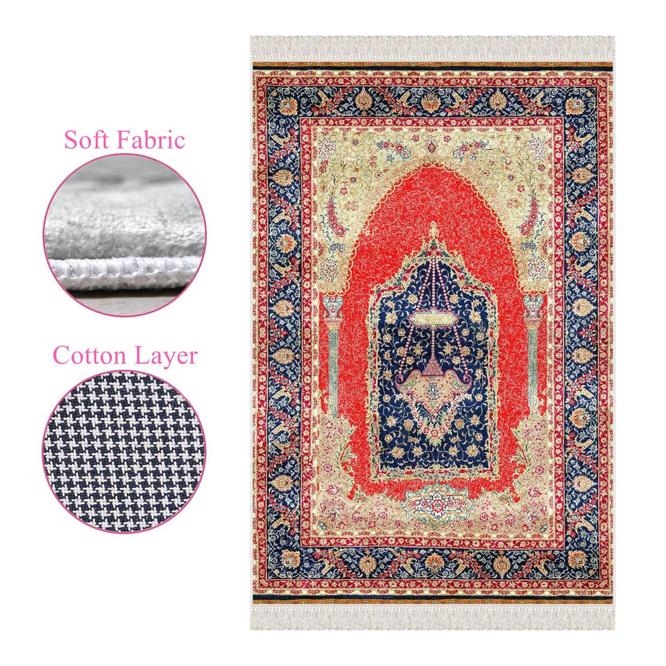 Red Palace Chandelier Soft Padded Prayer Rug | Cotton Layer Janamaz | Anti Slip Backing Bamboo Cotton Prayer Mat | Islamic Gifts