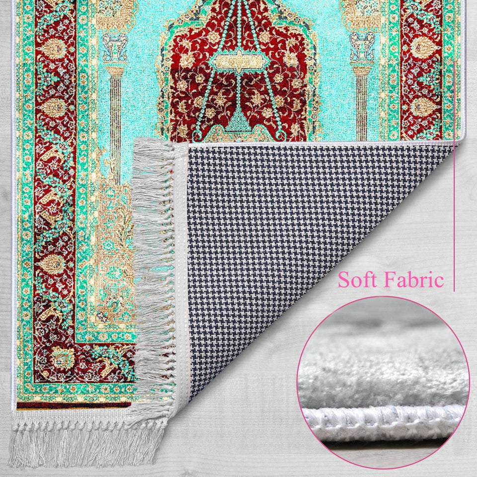 Turquoise Palace Chandelier Soft Padded Prayer Rug | Cotton Layer Janamaz | Anti Slip Backing Bamboo Cotton Prayer Mat | Islamic Gifts 01