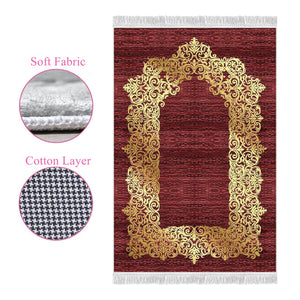 Gold Gilded Crimson Red Soft Padded Prayer Rug | Cotton Layer Janamaz | Anti Slip Backing Bamboo Cotton Prayer Mat | Islamic Gifts