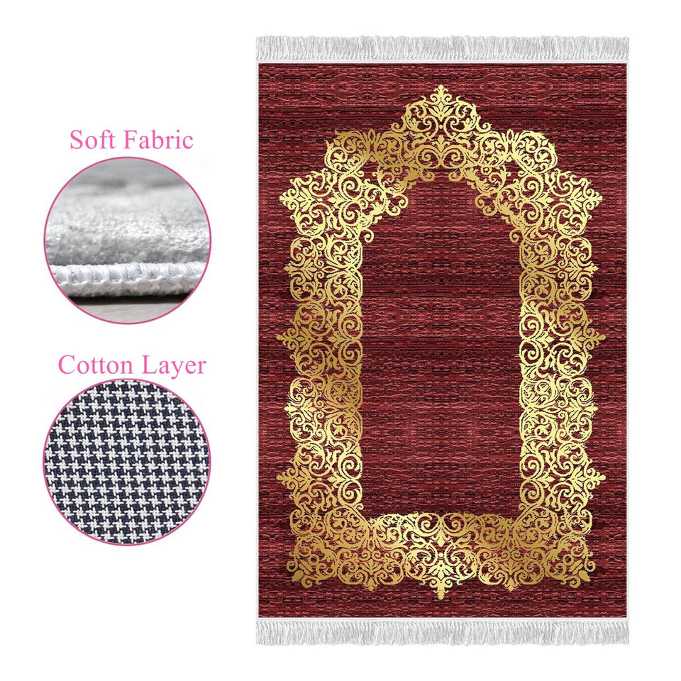 Gold Gilded Crimson Red Soft Padded Prayer Rug | Cotton Layer Janamaz | Anti Slip Backing Bamboo Cotton Prayer Mat | Islamic Gifts