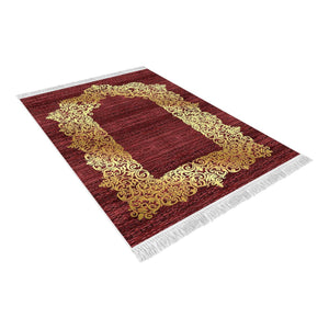 Gold Gilded Crimson Red Soft Padded Prayer Rug | Cotton Layer Janamaz | Anti Slip Backing Bamboo Cotton Prayer Mat | Islamic Gifts