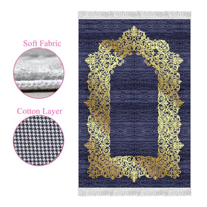 Gold Gilded Navy Blue Soft Padded Prayer Rug | Cotton Layer Janamaz | Anti Slip Backing Bamboo Cotton Prayer Mat | Islamic Gifts