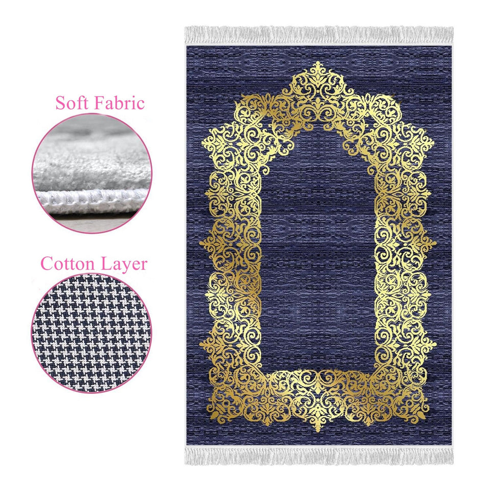 Gold Gilded Navy Blue Soft Padded Prayer Rug | Cotton Layer Janamaz | Anti Slip Backing Bamboo Cotton Prayer Mat | Islamic Gifts