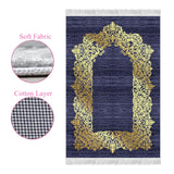 Gold Gilded Navy Blue Soft Padded Prayer Rug | Cotton Layer Janamaz | Anti Slip Backing Bamboo Cotton Prayer Mat | Islamic Gifts