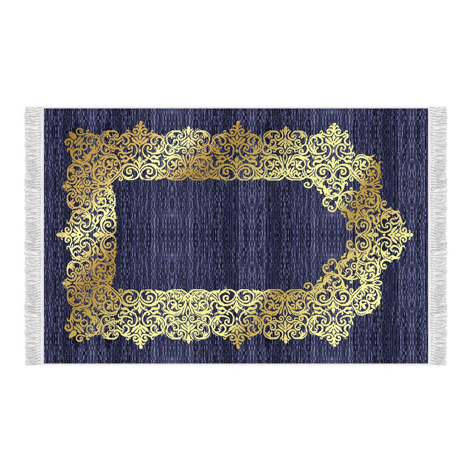 Gold Gilded Navy Blue Soft Padded Prayer Rug | Cotton Layer Janamaz | Anti Slip Backing Bamboo Cotton Prayer Mat | Islamic Gifts