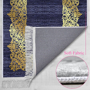 Gold Gilded Navy Blue Soft Padded Prayer Rug | Cotton Layer Janamaz | Anti Slip Backing Bamboo Cotton Prayer Mat | Islamic Gifts