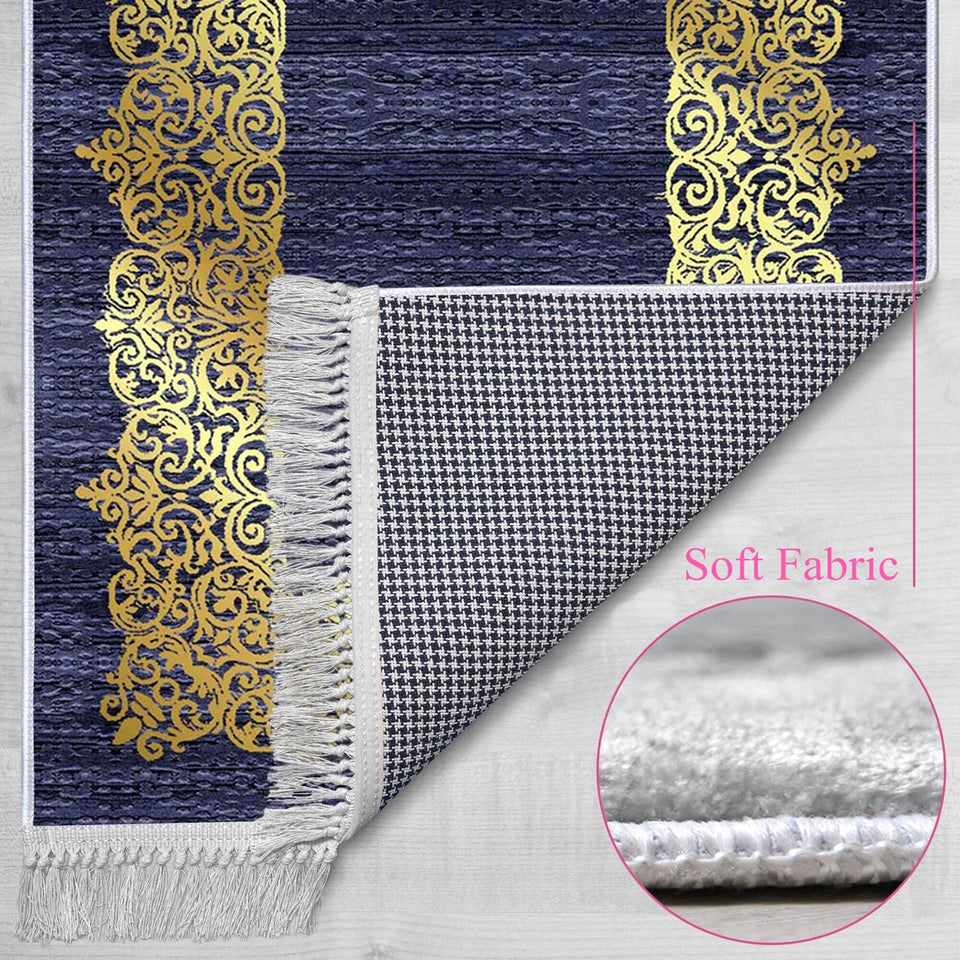 Gold Gilded Navy Blue Soft Padded Prayer Rug | Cotton Layer Janamaz | Anti Slip Backing Bamboo Cotton Prayer Mat | Islamic Gifts