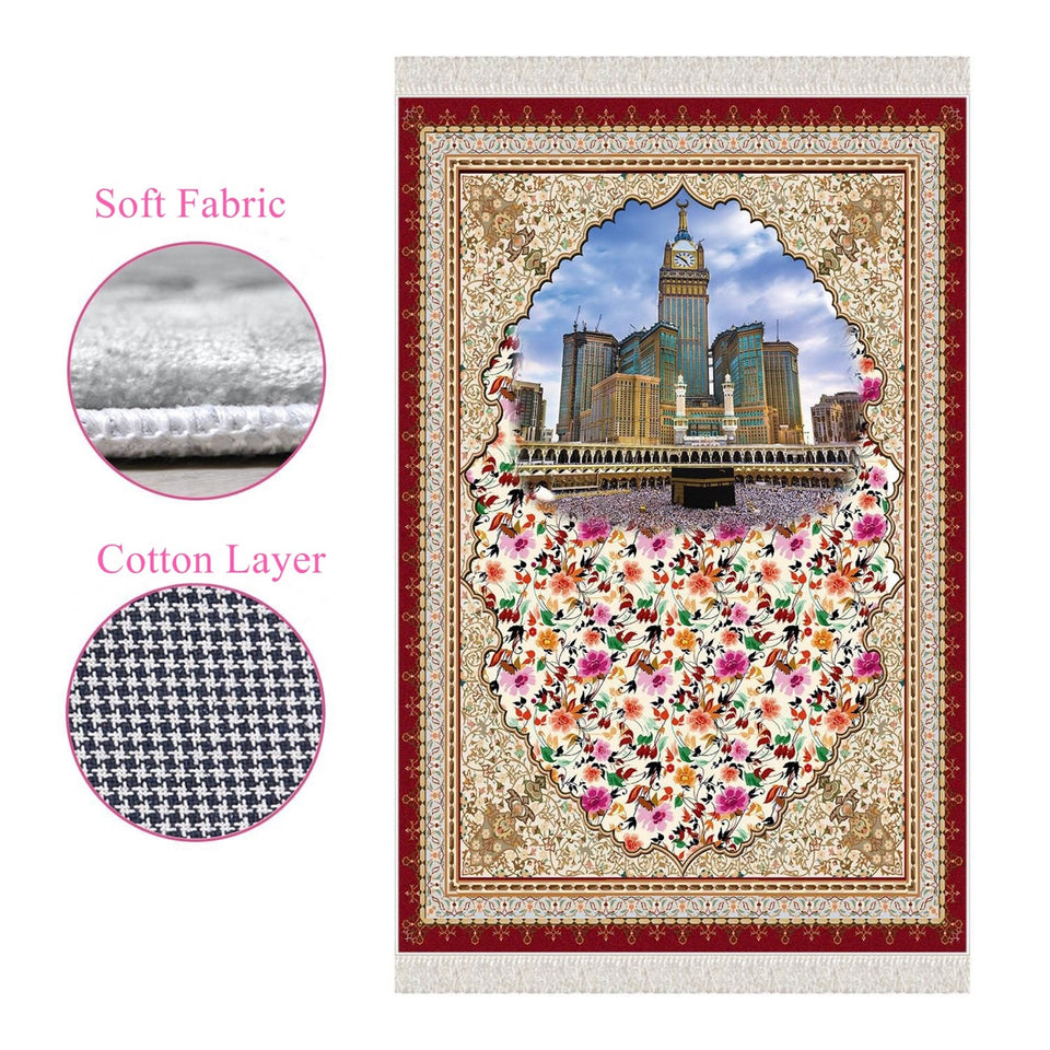 View Of Kaaba Soft Padded Prayer Rug | Cotton Layer Janamaz | Anti Slip Backing Bamboo Cotton Prayer Mat | Islamic Gifts