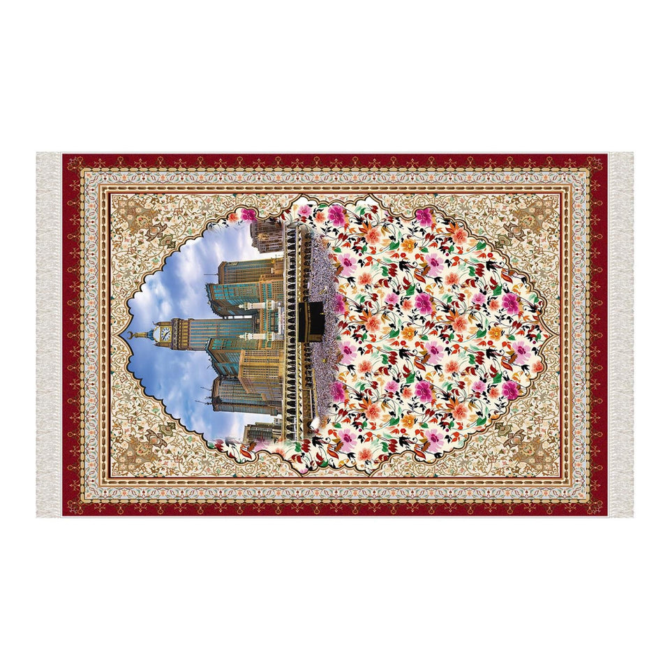 View Of Kaaba Soft Padded Prayer Rug | Cotton Layer Janamaz | Anti Slip Backing Bamboo Cotton Prayer Mat | Islamic Gifts