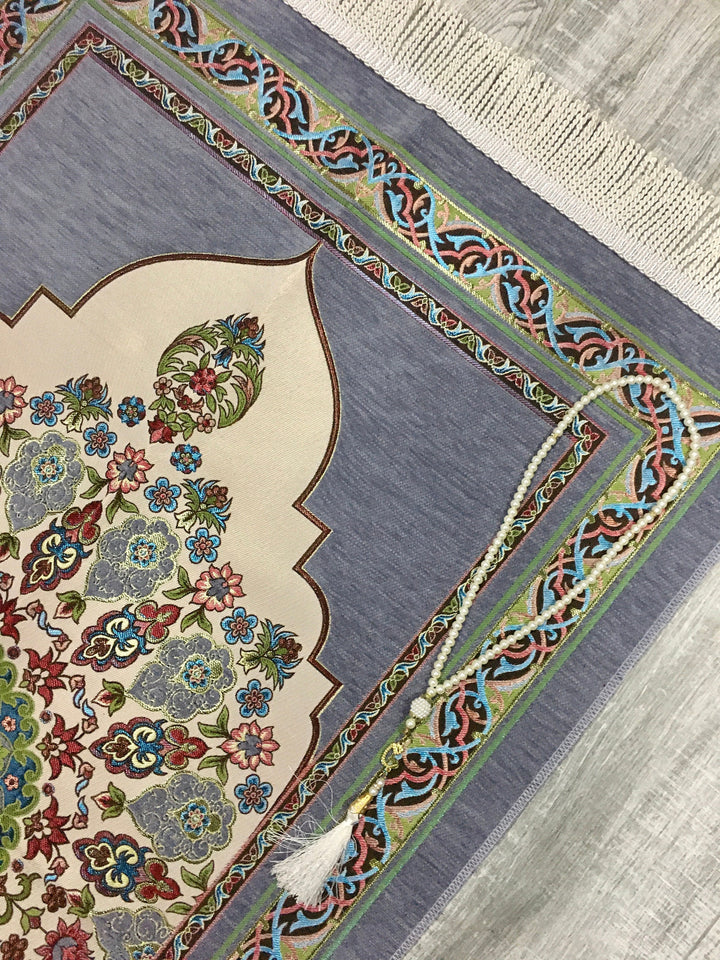 Gray Circle Of Flowers Kilim Prayer Mat, Prayer Mat with Tasbeeh, Prayer Rug, Muslim Janamaz, Bohemian Rug, Turkish Rug, Islamic Gift YSLM41