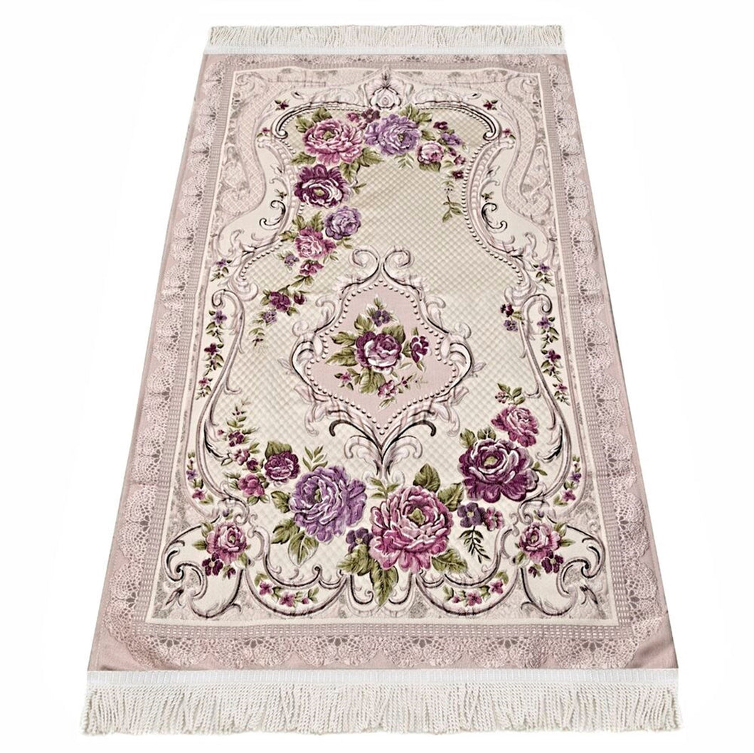 Lux Lilac Prayer Mat with Bottom Layer, Embossed Flowers, Wedding Gift, Anniversary Gift, Prayer Rug, Dowries Janamaz