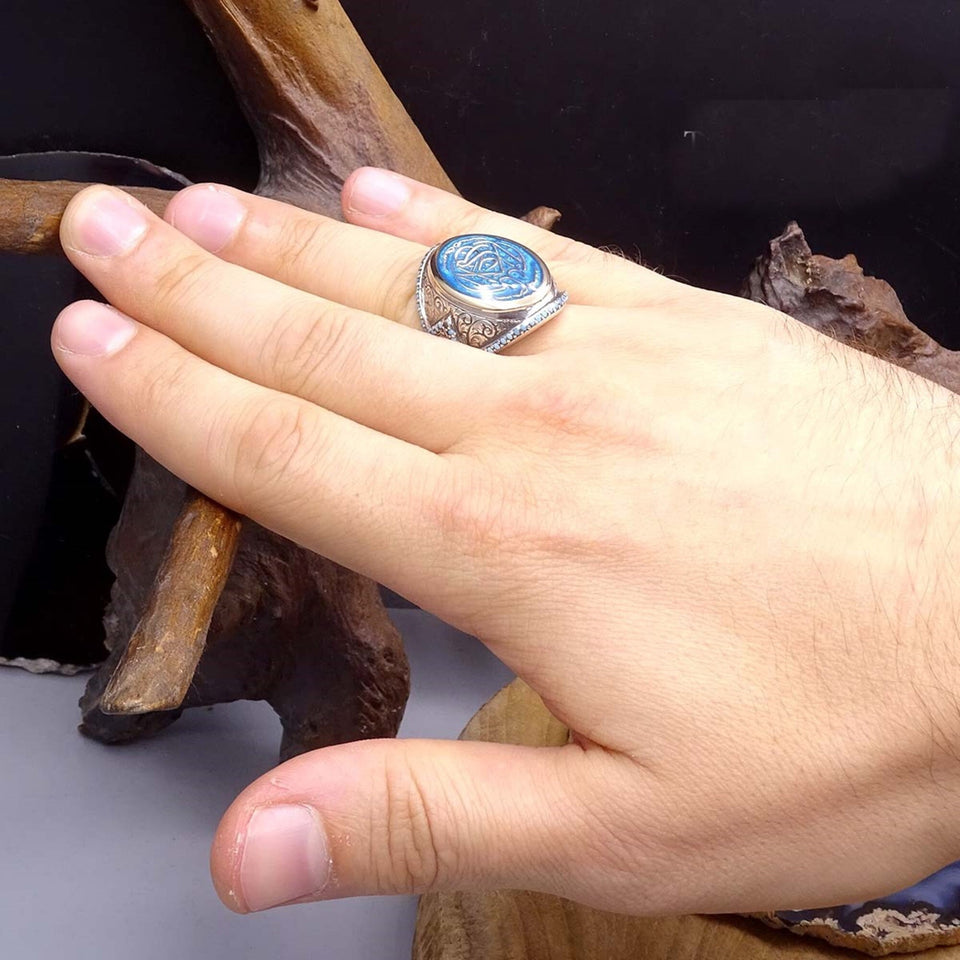 Solid 925 Sterling Silver La Galibe Illallah Islamic Men's Ring With Amber Stone - Handcrafted In Turkey