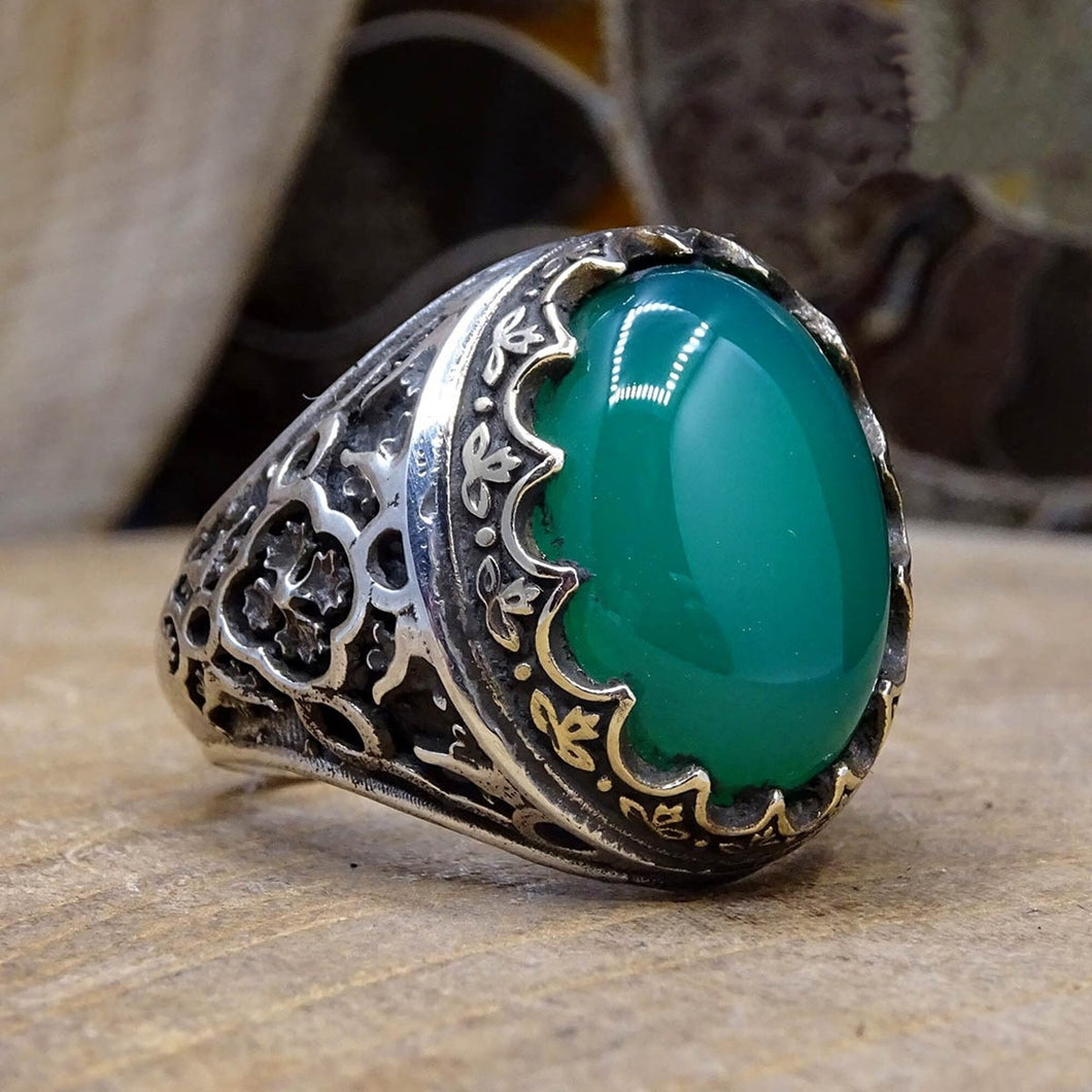 Handmade Green Agate Stoned Ring, Sterling Silver Mens Ring, Mens Turquoise Stone Ring, Signet Ring, Personalised Gift