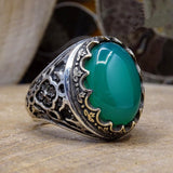 Handmade Green Agate Stoned Ring, Sterling Silver Mens Ring, Mens Turquoise Stone Ring, Signet Ring, Personalised Gift