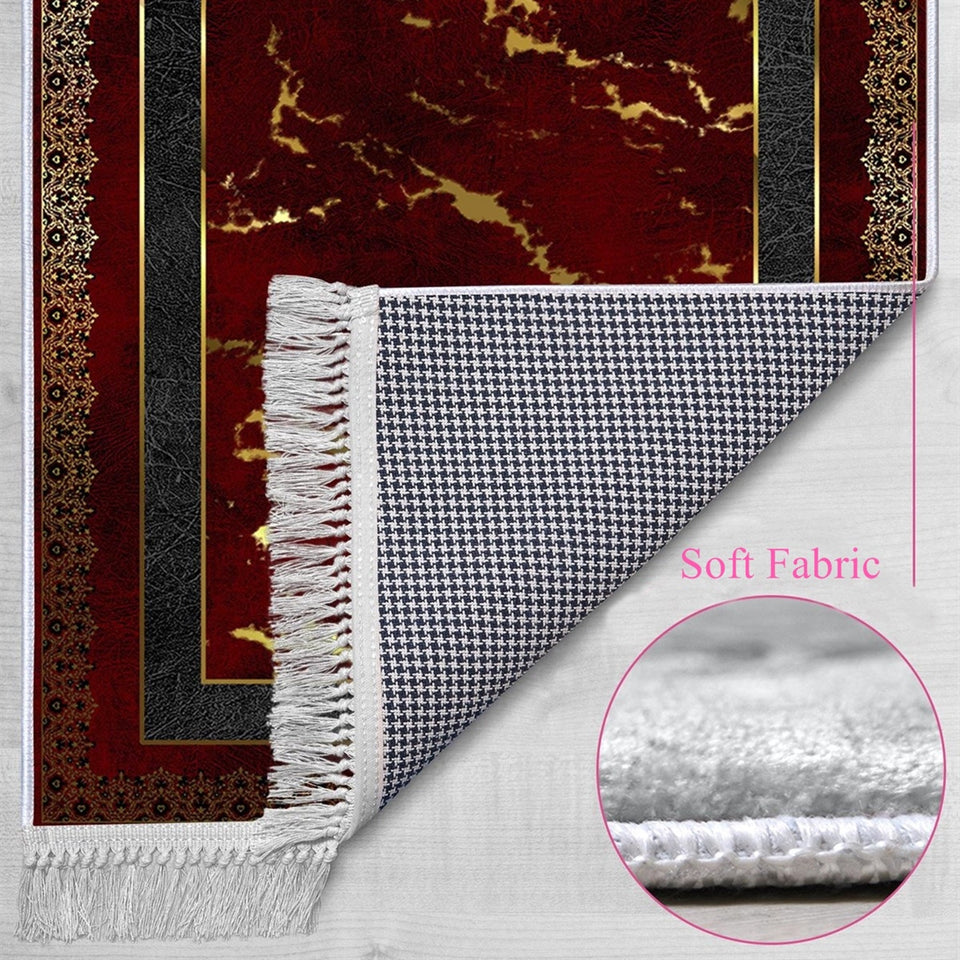 Red Marble Soft Padded Prayer Rug | Cotton Layer Janamaz | Anti Slip Backing Bamboo Cotton Prayer Mat | Eid Gifts