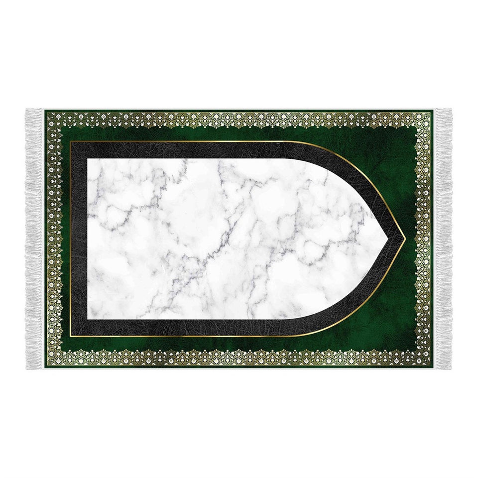 Green White Marble Soft Padded Prayer Rug | Cotton Layer Janamaz | Anti Slip Backing Bamboo Cotton Prayer Mat | Eid Mubarak