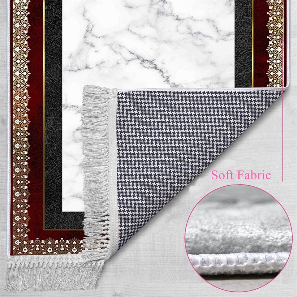 Red White Marble Soft Padded Prayer Rug | Large Size Prayer Mat | Anti Slip Backing Bamboo Cotton Prayer Mat | Islamic Gifts
