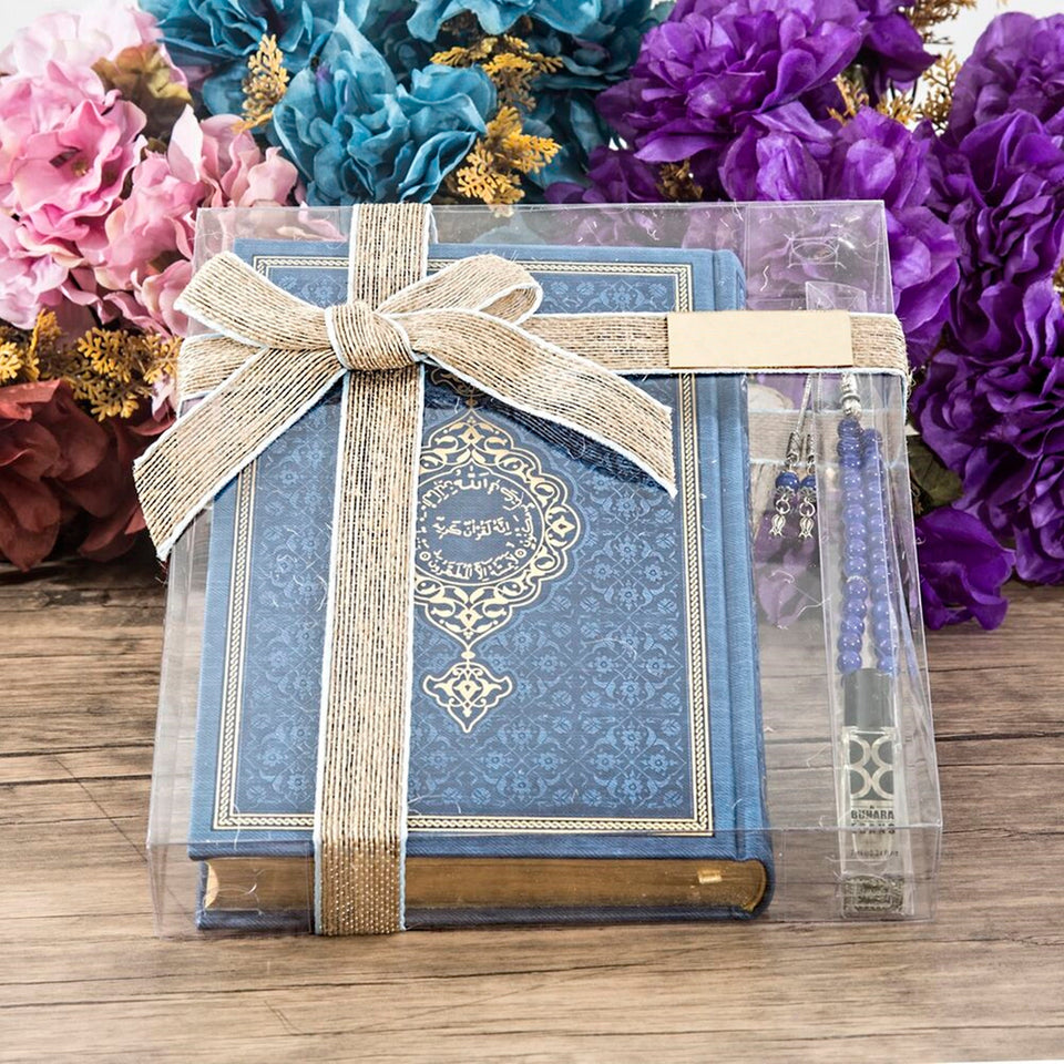 Blue Gift Set | Ramadan | Prayer mat | Navy Blue Box and Prayer Beads Set | Hajj Favors | PERSONALİZED GİFT| Islamic gift