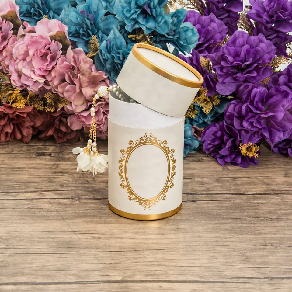 Personalized Cream Cylinder Islamic Gift Box | Special Gift | | 33 Bead Tasbih Set | Personalized Gift | Unique Gift AOL2