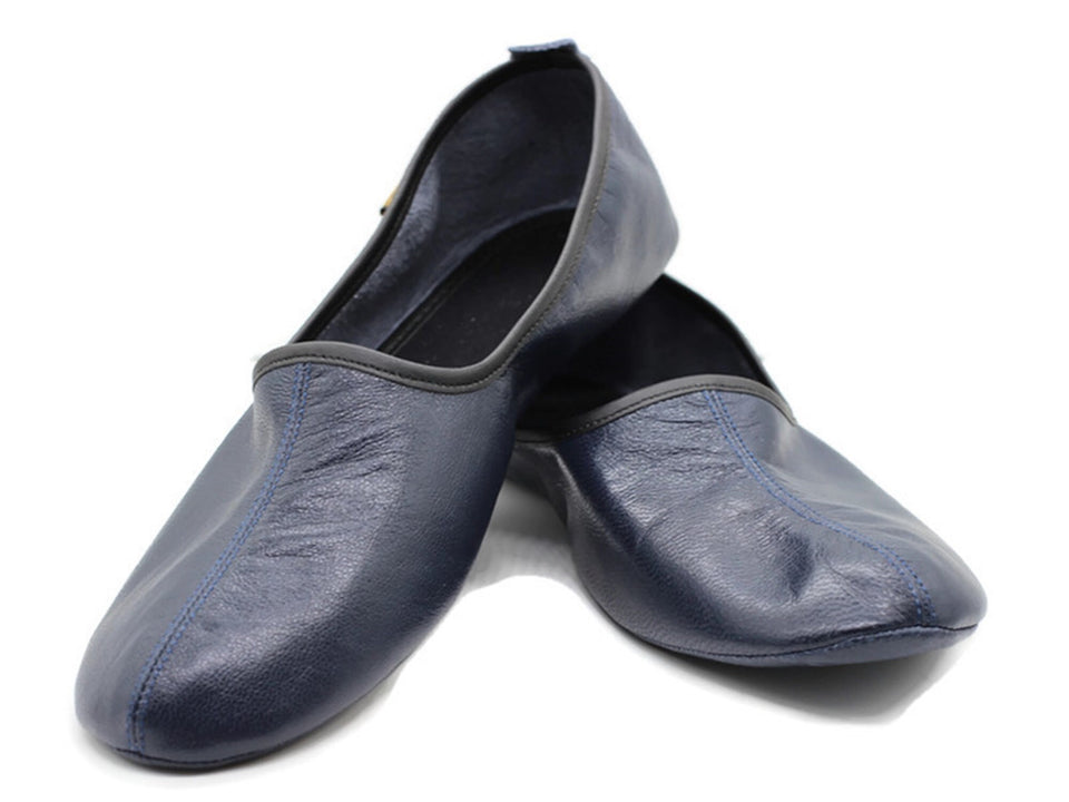 Echt leer donkerblauwe pantoffels heren maat | Unisex huisslippers | Handgemaakte leren sokken | Leren huisschoenen