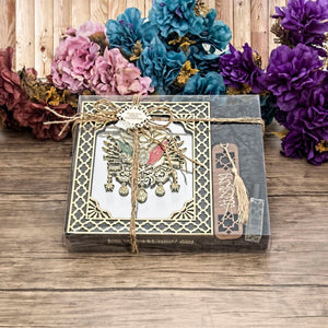Ottoman Flag Printed Table Black Gift Box | Prayer Mat | Wooden Bookmark | 33 Bead Pearl Tasbeeh Set | Personalized Gift | Islamic Gift |