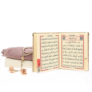 Beige Velvet Yaseen Book Gift Box | Islamic Gift | Prayer Mat | Lux Shawl | Gift For Her | 33 Bead Tasbeeh Set | Personalized Gift