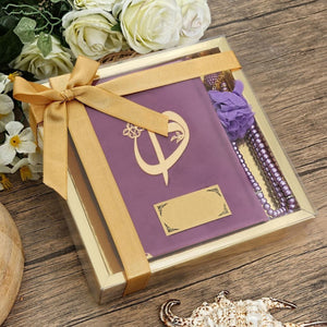 Lilac Velvet Quran Gift Box Set | Gold Acetate Box Decorated With Ribbon | 99 Pearl Beads Tasbeeh With Roses | Personalized Gift | M730