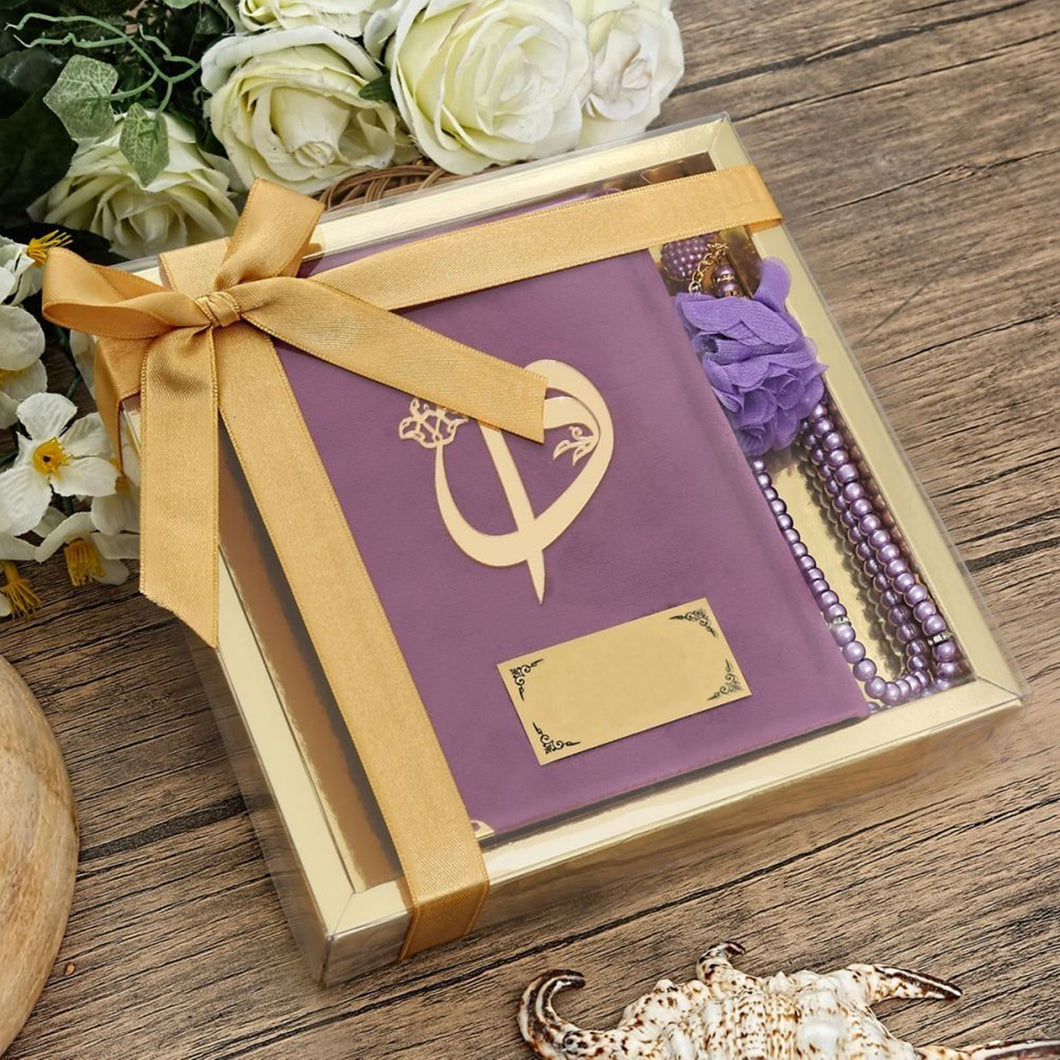 Lilac Velvet Quran Gift Box Set | Gold Acetate Box Decorated With Ribbon | 99 Pearl Beads Tasbeeh With Roses | Personalized Gift | M730