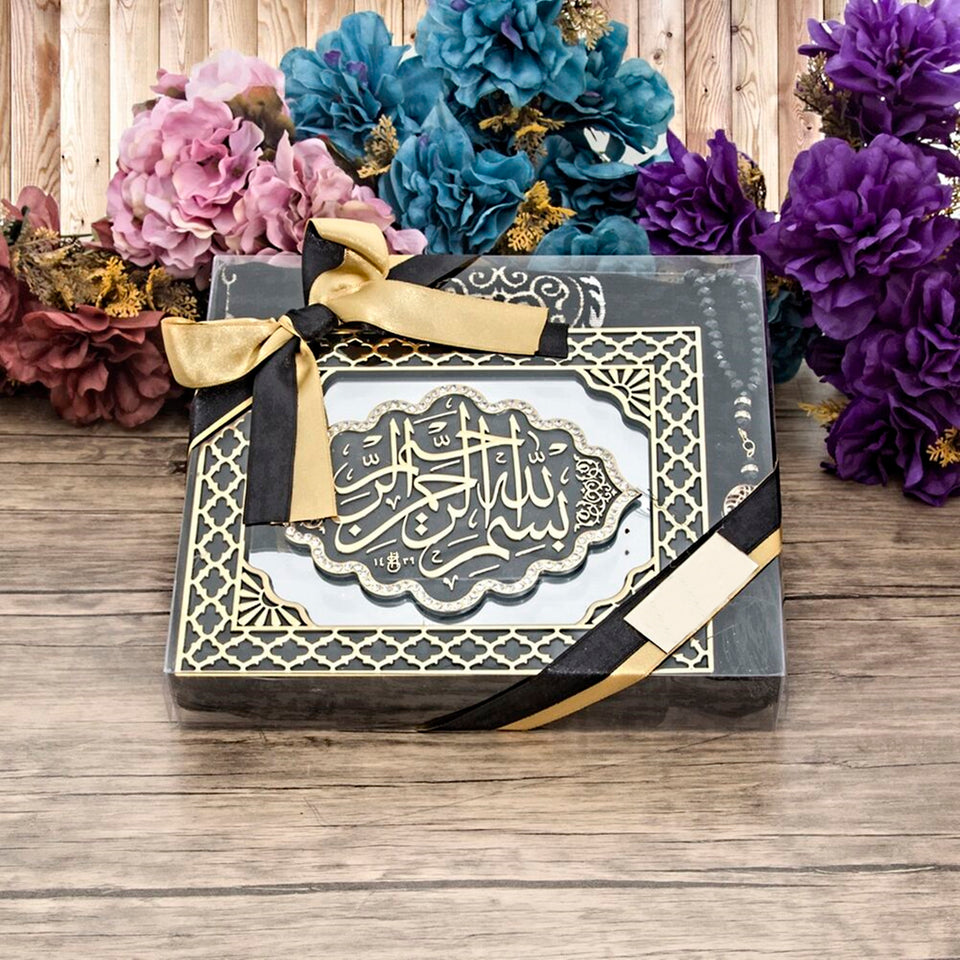 Bismillah Written Table Gold-Black Gift Box | Kaaba Design Prayer Mat | Crystal Tasbeeh |  Personalized Gift | Islamic Gift | TFKT