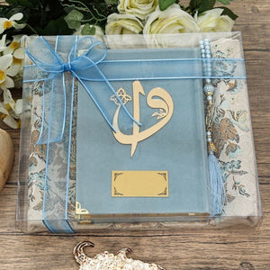 Velvet Quran Sky Blue Gift Box | Prayer Mat | 99 Beads Pearl Tasbeeh |  Personalized Gift | Unique Gift | Islamic Gift | M717